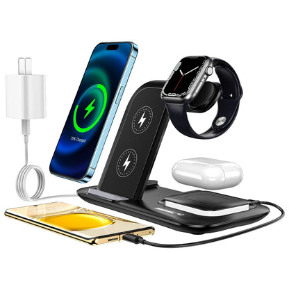 5-in-1 Wireless Charging Station with Desk Lamp: Dual-Phone Charging 15W Fast Charging for iPhone 15/14/13/12/11 Apple Watch 9/8/7/6/5/SE AirPods 3/2/1 - Black